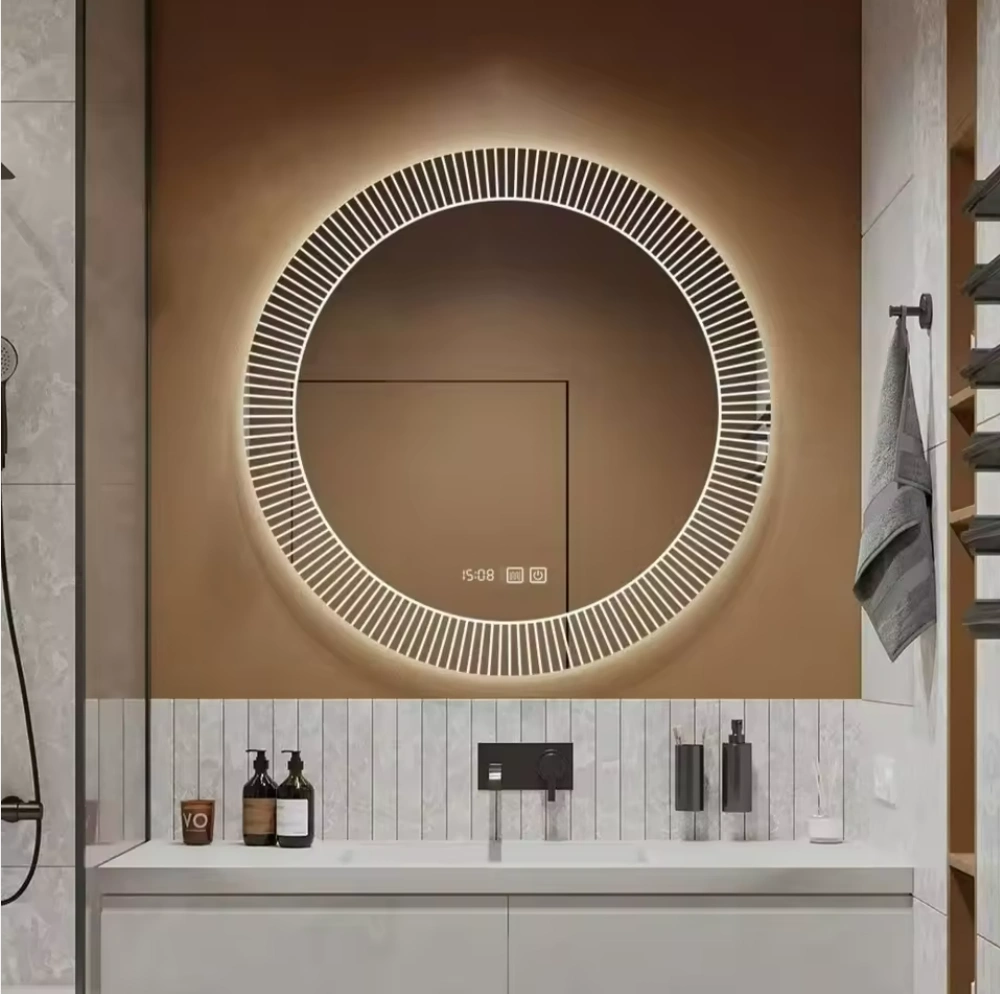 LED Glass Wall Mirror Striped Trim Luxury Framed